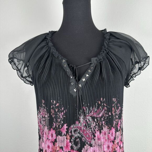 Chaudry KC Top Womens Small Black Sheer Pleated Loose Flowy Tropical Floral NEW - Picture 2 of 13